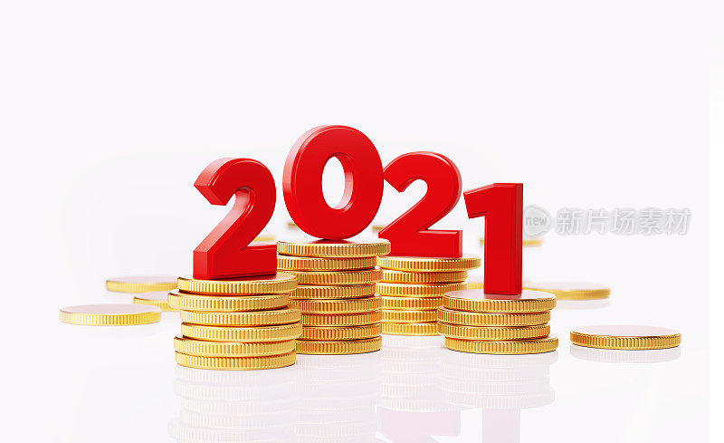 2021数字坐在硬币堆上- 2021年商业计划和财务目标概念